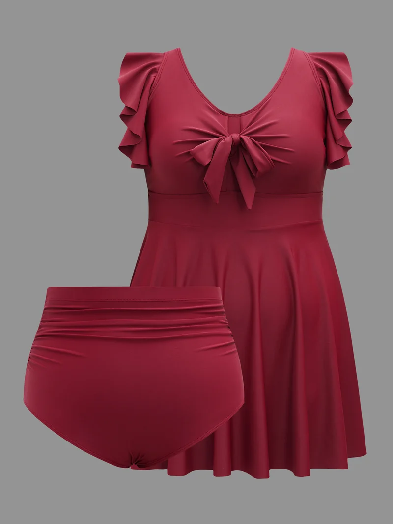 Front-Tie Bow Flutter Sleeve Gathered Swim Dress