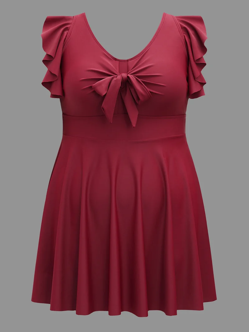 Front-Tie Bow Flutter Sleeve Gathered Swim Dress