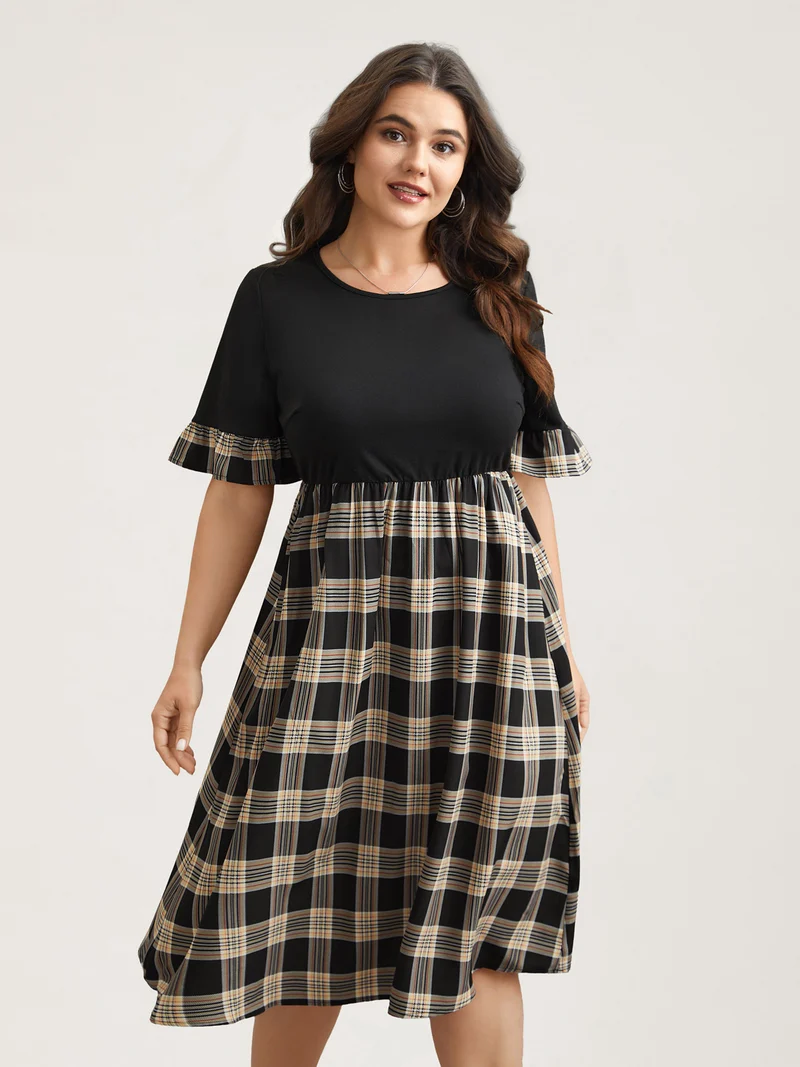 Plaid Color Block Flared Sleeve Midi Dress