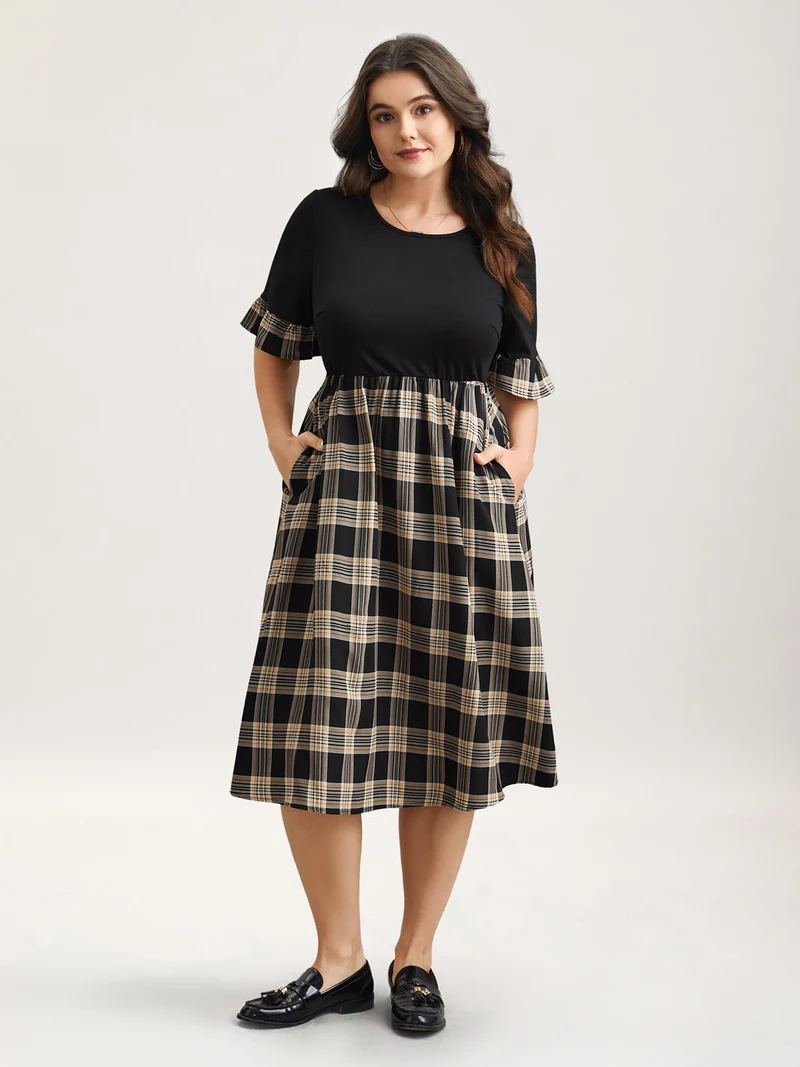 Plaid Color Block Flared Sleeve Midi Dress