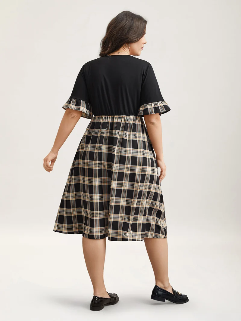 Plaid Color Block Flared Sleeve Midi Dress