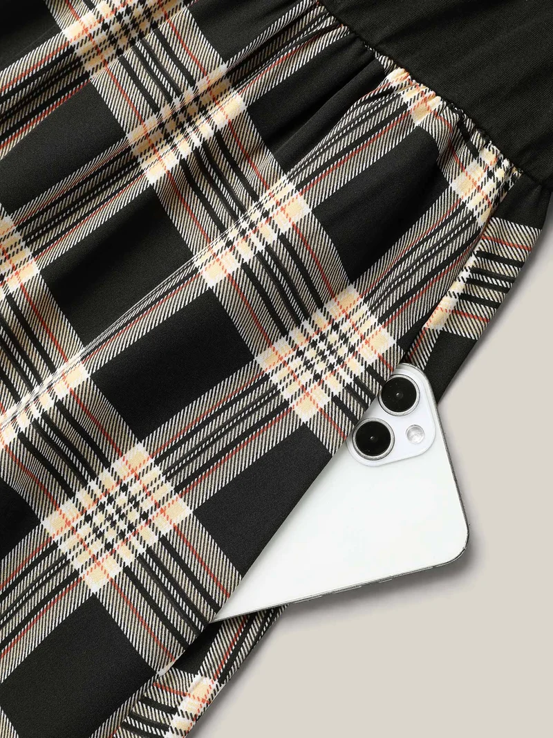 Plaid Color Block Flared Sleeve Midi Dress