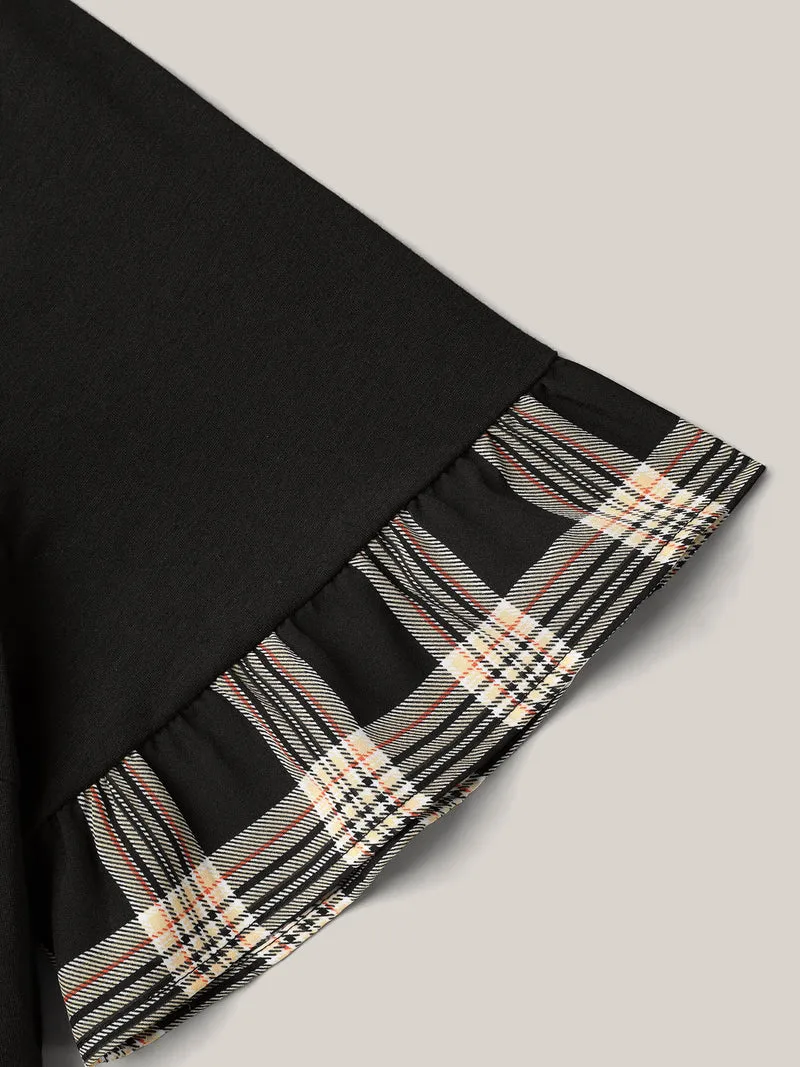 Plaid Color Block Flared Sleeve Midi Dress