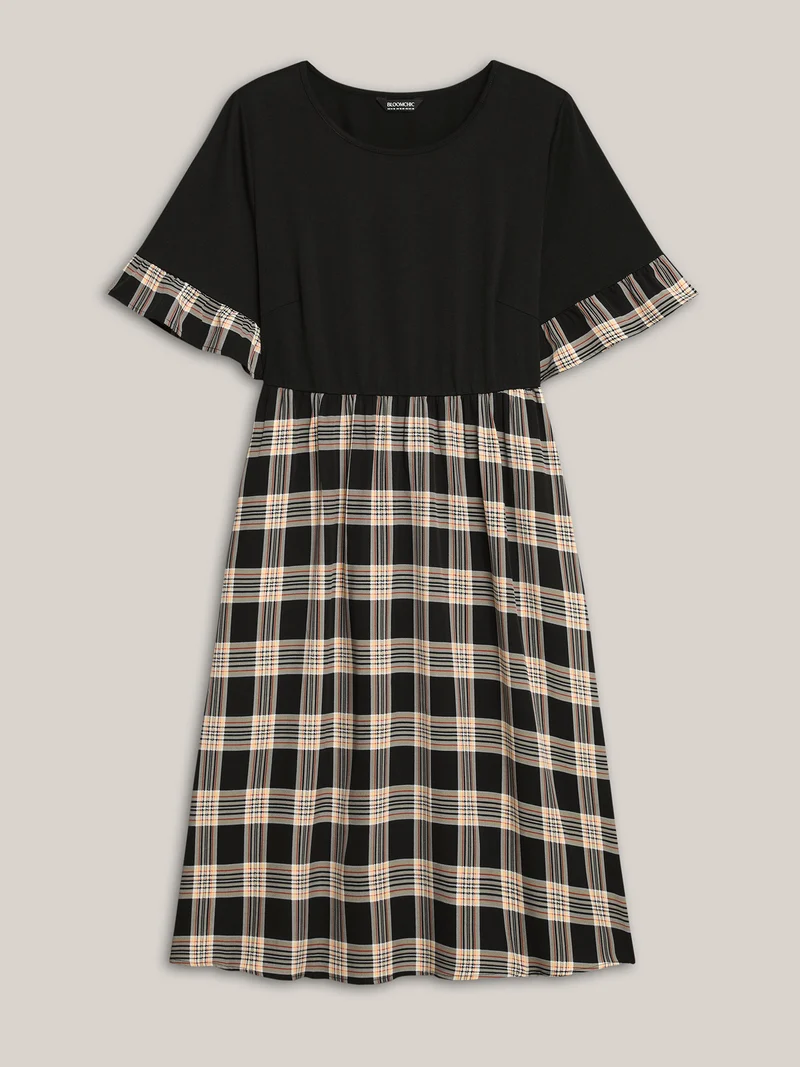Plaid Color Block Flared Sleeve Midi Dress
