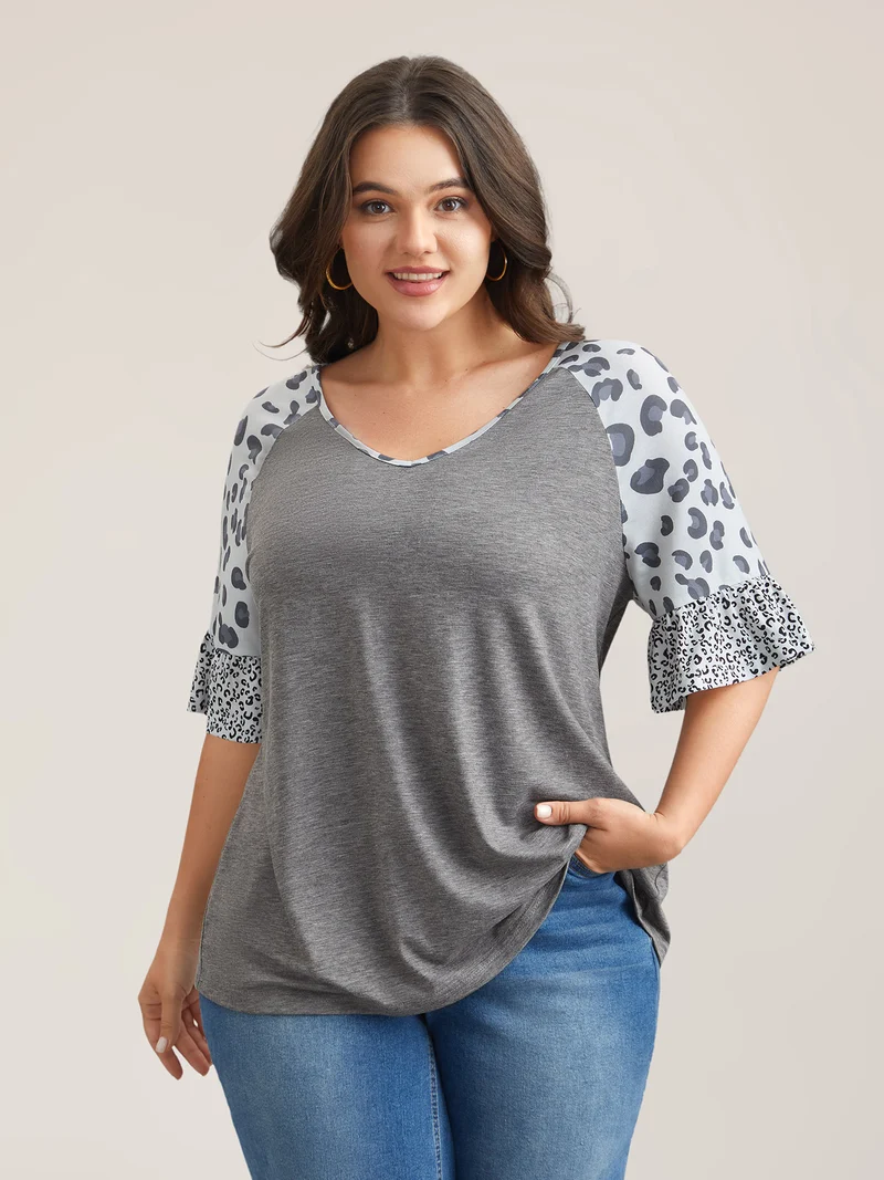Leopard Print Heather Contrast V-Neck T-Shirt