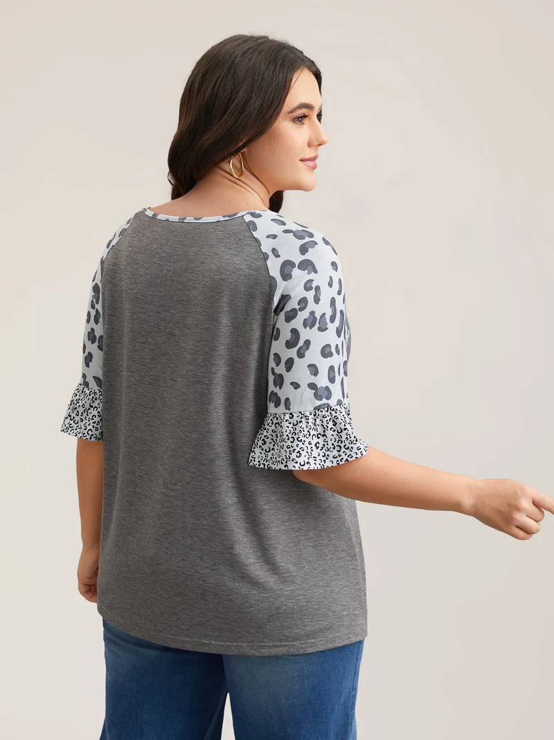 Leopard Print Heather Contrast V-Neck T-Shirt