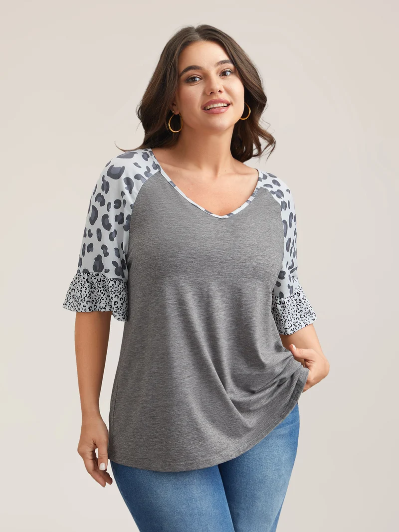 Leopard Print Heather Contrast V-Neck T-Shirt