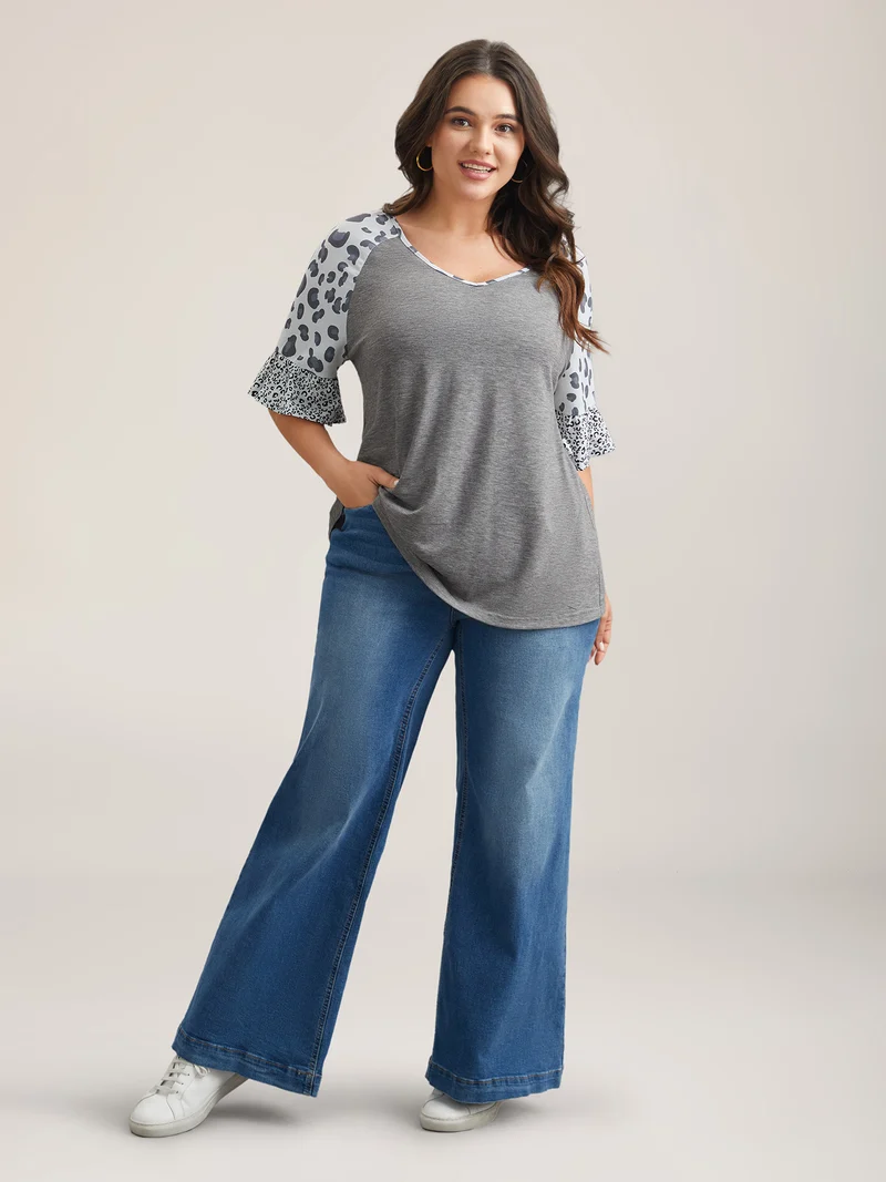 Leopard Print Heather Contrast V-Neck T-Shirt