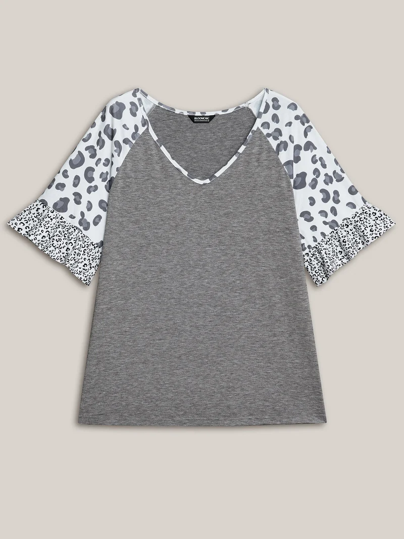 Leopard Print Heather Contrast V-Neck T-Shirt