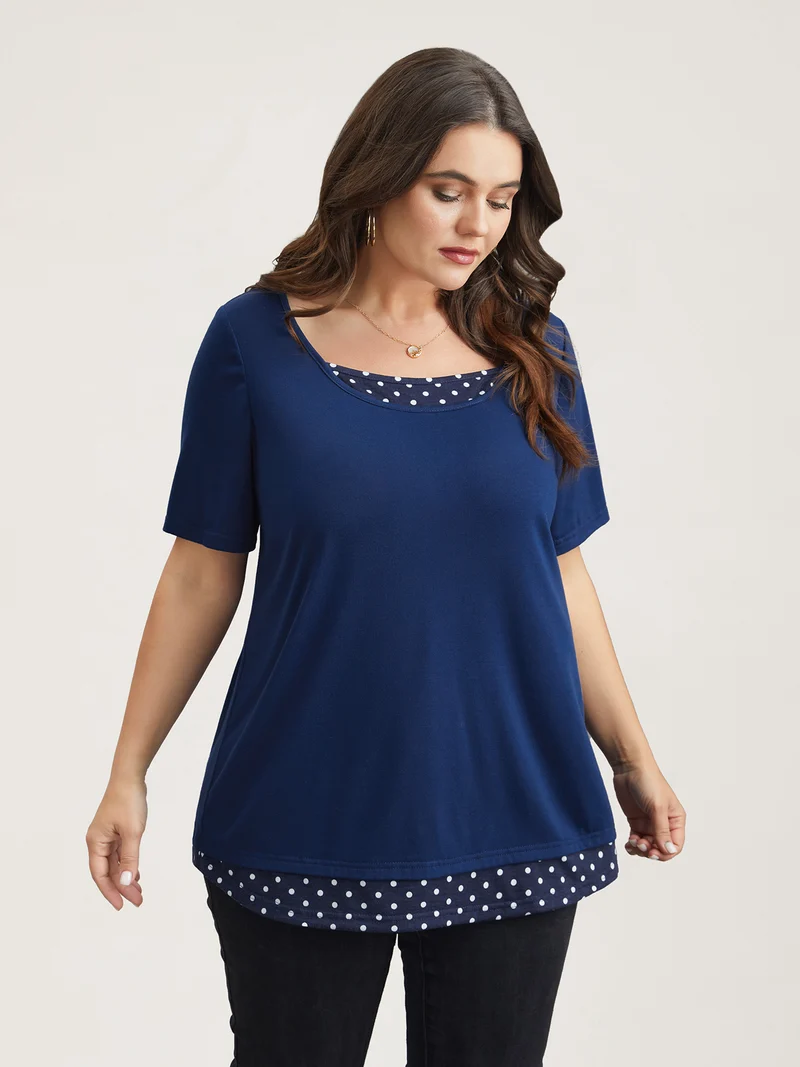 Mixed Fabric Polka Dots Patchwork T-Shirt