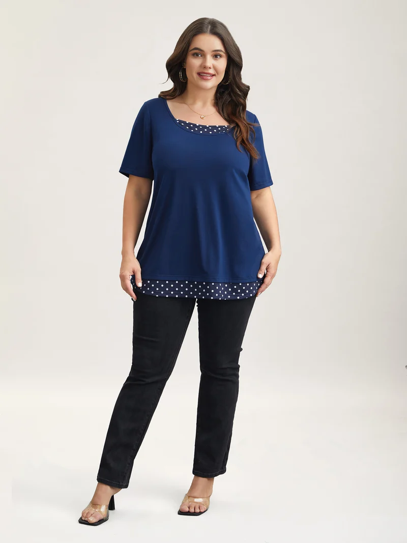 Mixed Fabric Polka Dots Patchwork T-Shirt