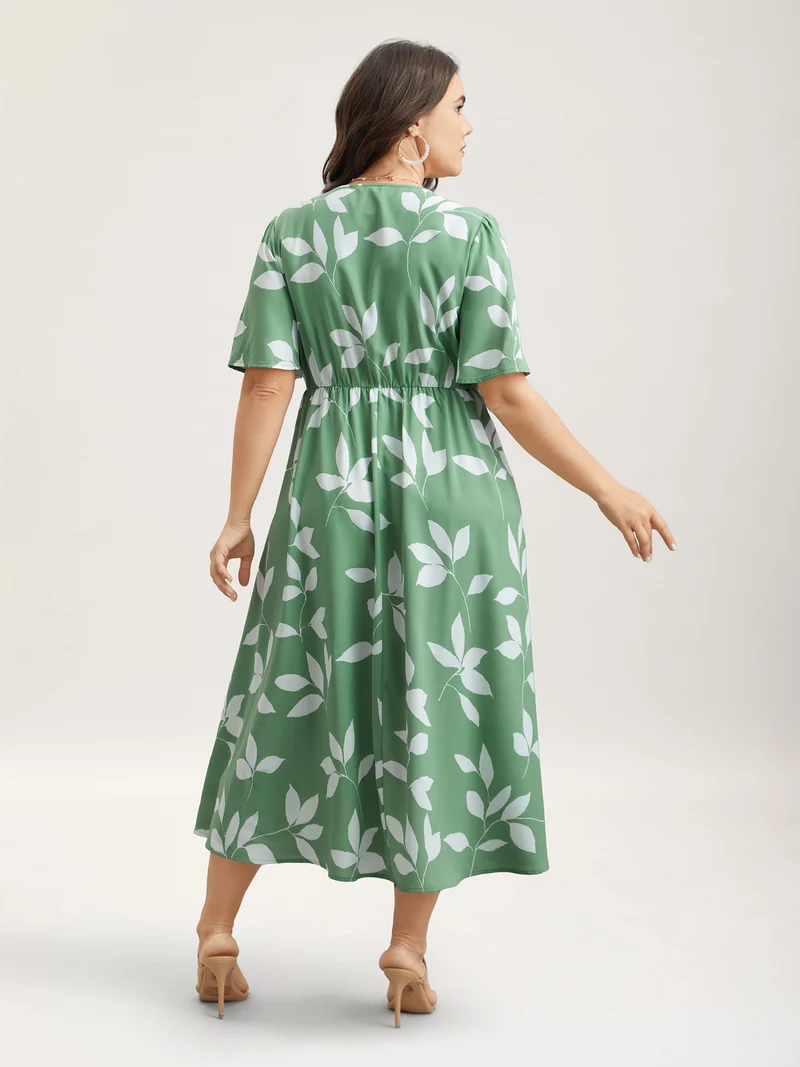 Leaf Print Waist-Cinched Flared Maxi Dress