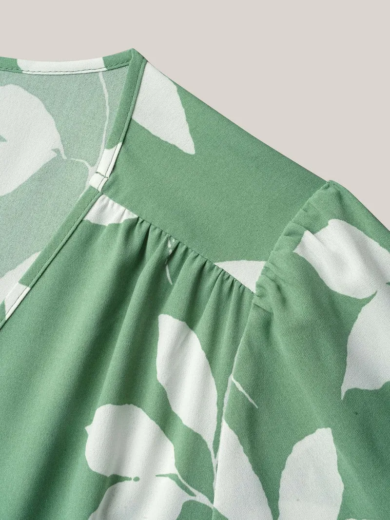 Leaf Print Waist-Cinched Flared Maxi Dress