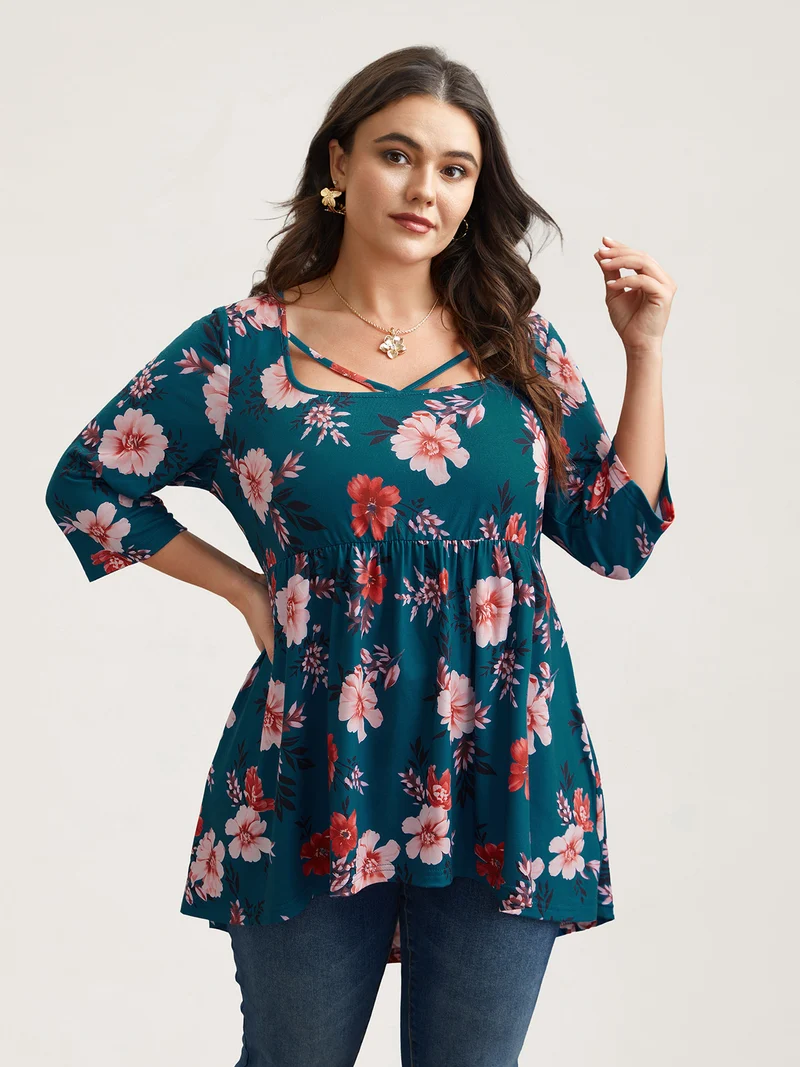 Floral Print Neck Cut-Out Babydoll Top
