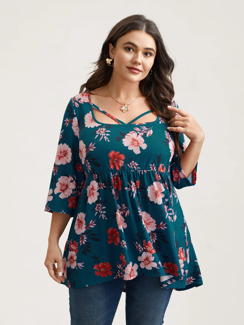 Floral Print Neck Cut-Out Babydoll Top