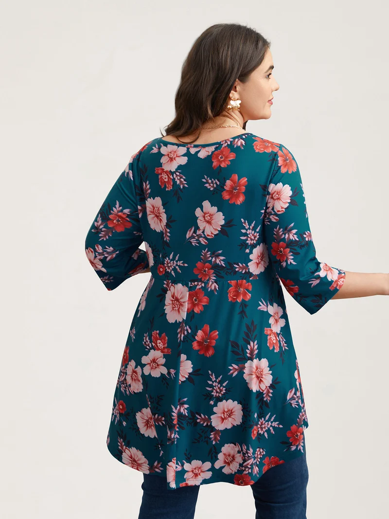 Floral Print Neck Cut-Out Babydoll Top