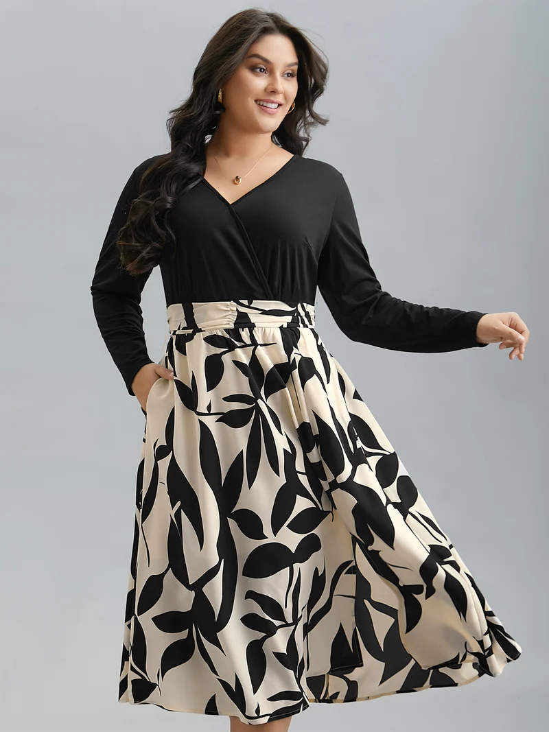 Color Block Printed Skirt Pockets Midi Dress