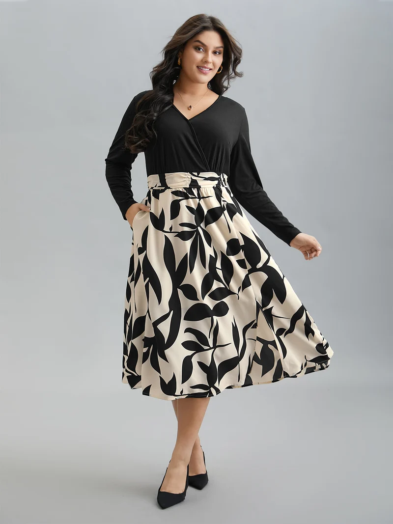 Color Block Printed Skirt Pockets Midi Dress