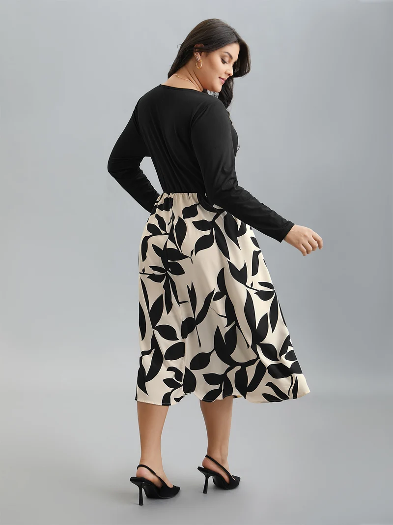 Color Block Printed Skirt Pockets Midi Dress