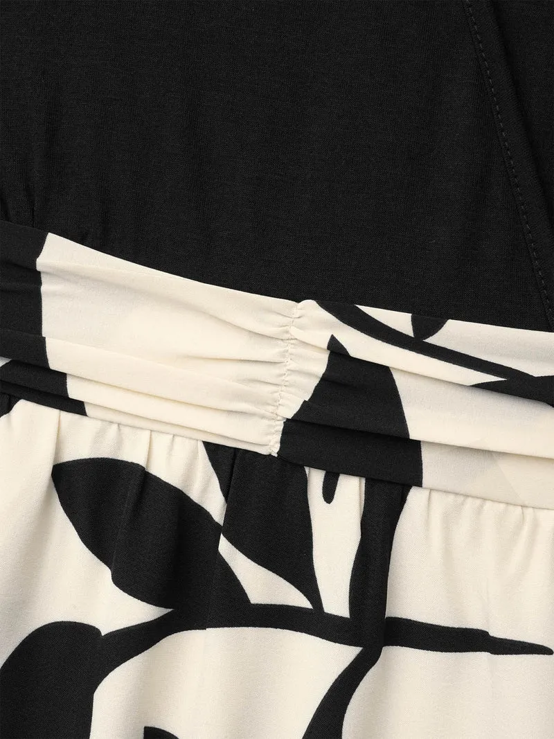 Color Block Printed Skirt Pockets Midi Dress