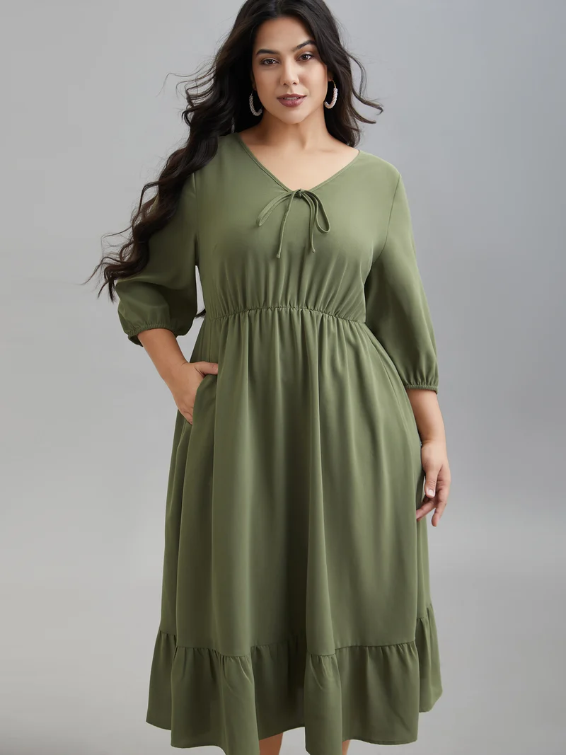 Lantern Sleeve V-Neck Tiered Midi Dress