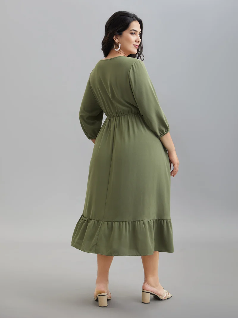 Lantern Sleeve V-Neck Tiered Midi Dress