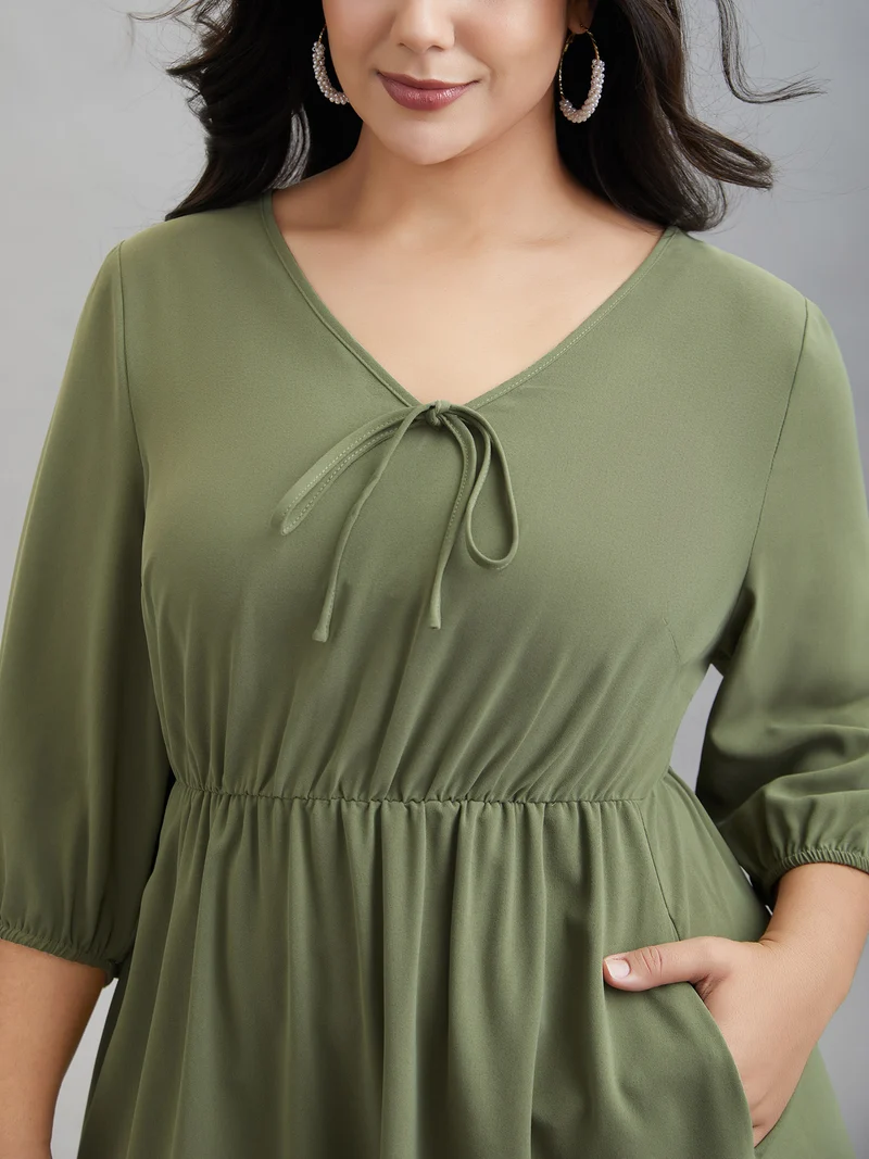 Lantern Sleeve V-Neck Tiered Midi Dress