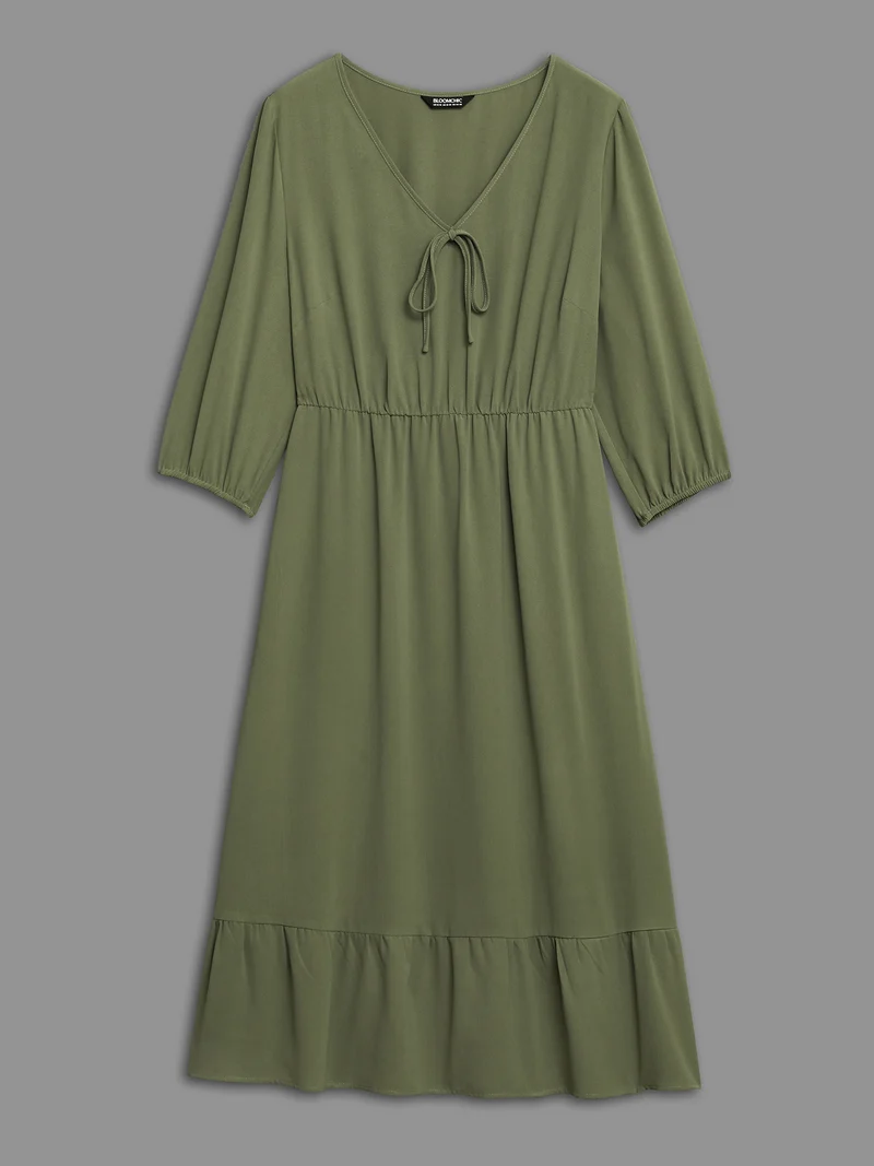 Lantern Sleeve V-Neck Tiered Midi Dress