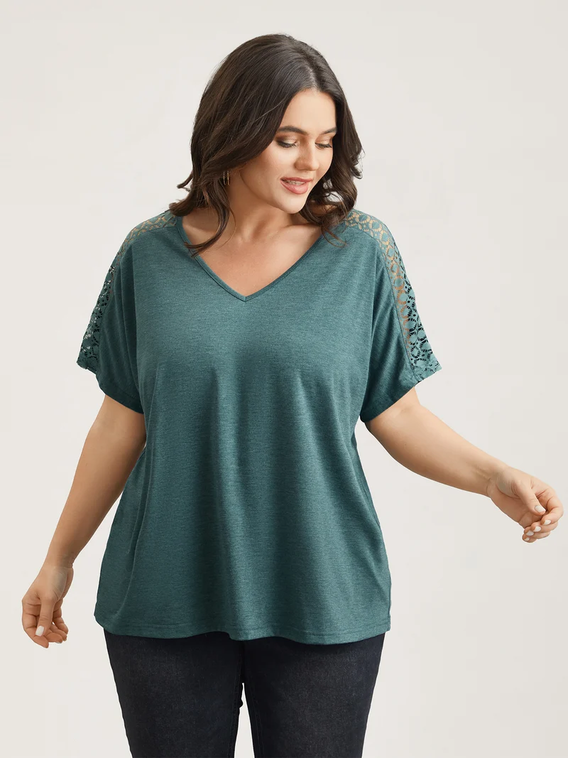 Lace Sleeve V-Neck T-Shirt