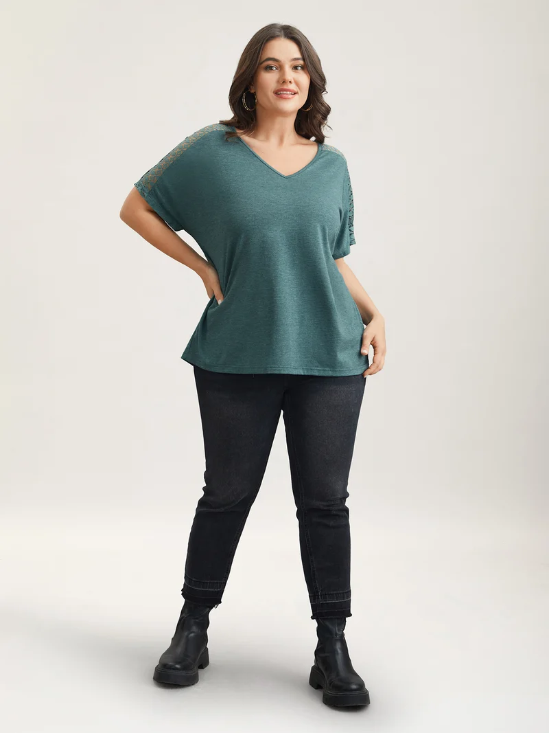 Lace Sleeve V-Neck T-Shirt