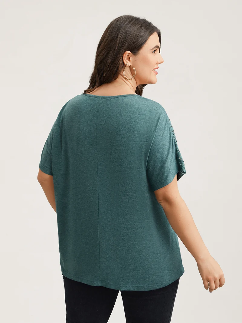 Lace Sleeve V-Neck T-Shirt