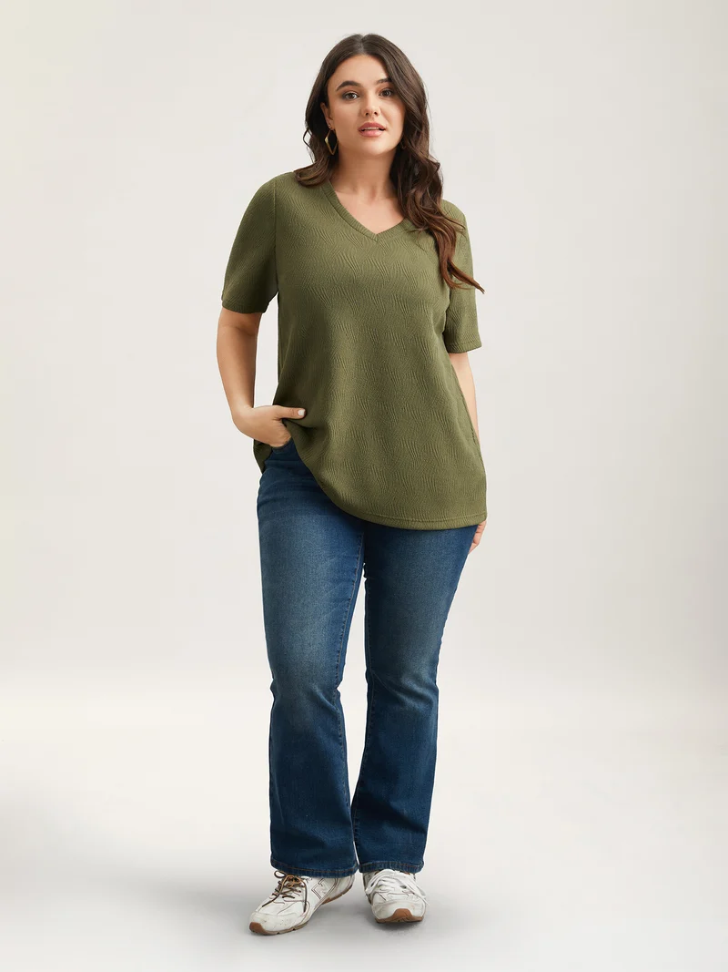 Textured V-Neck Half Sleeve T-Shirt
