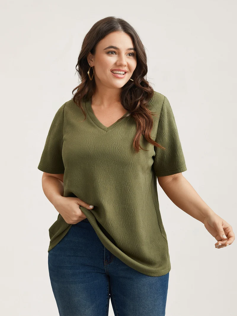 Textured V-Neck Half Sleeve T-Shirt