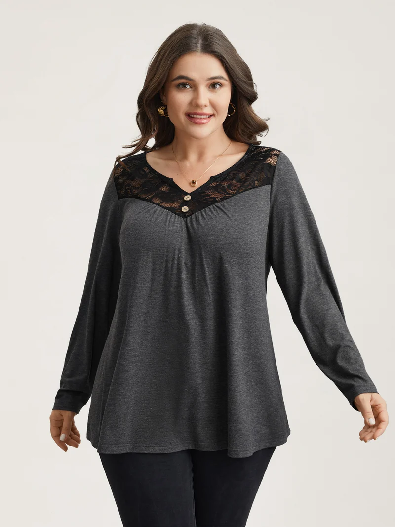 Lace Neck Buttons Pleated T-Shirt