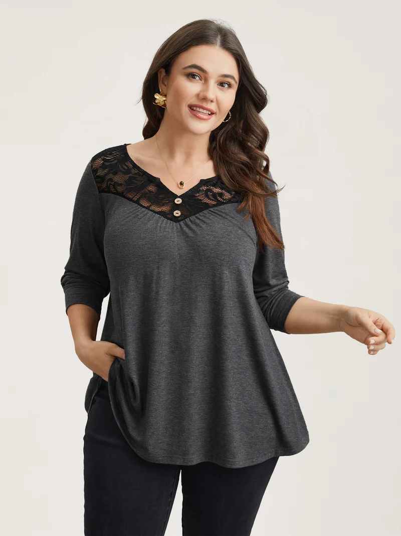 Lace Neck Buttons Pleated T-Shirt