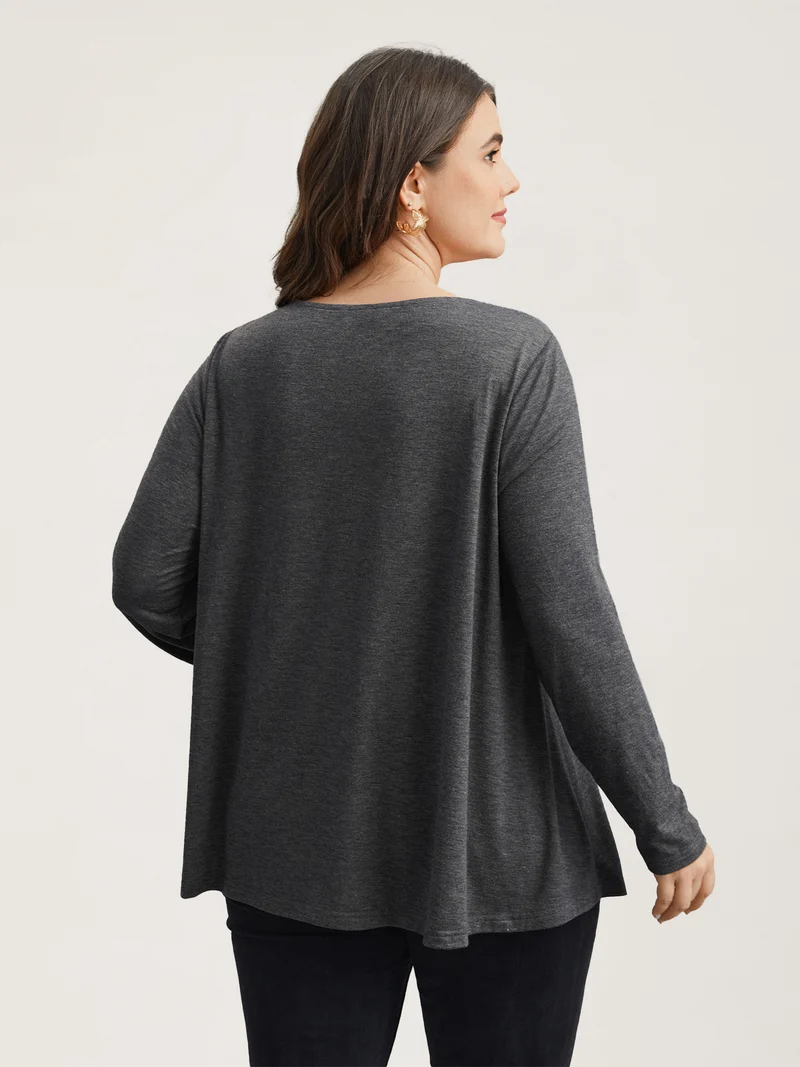 Lace Neck Buttons Pleated T-Shirt