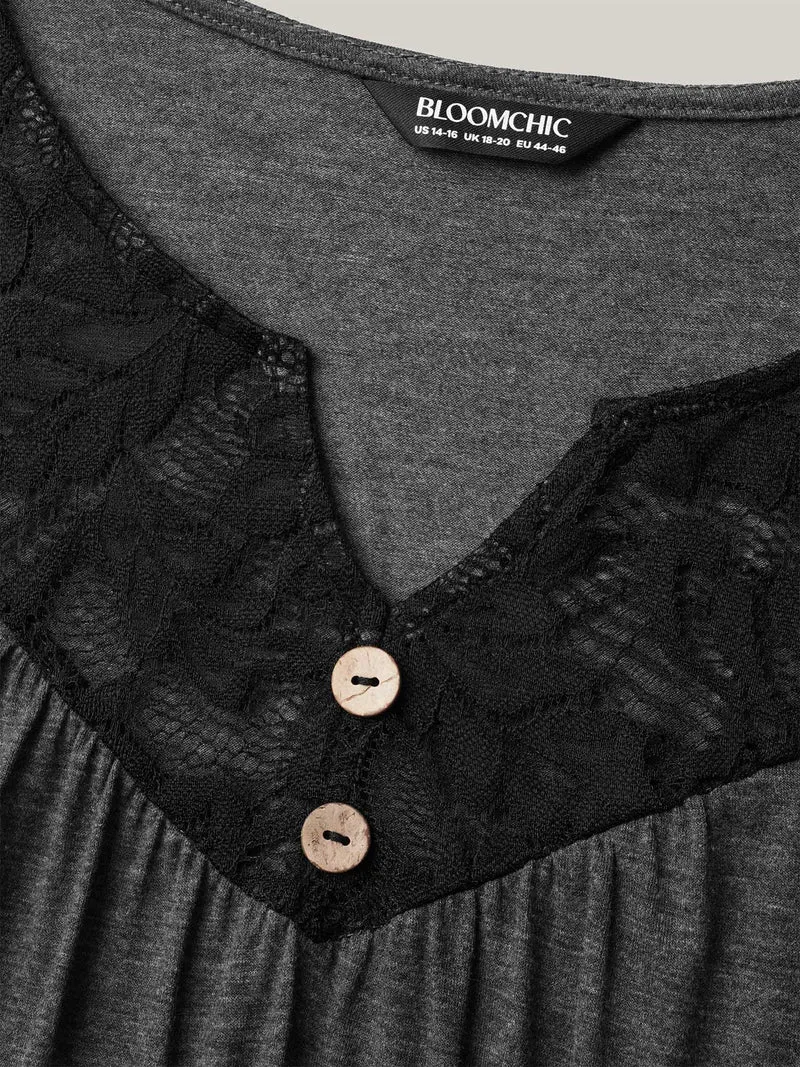 Lace Neck Buttons Pleated T-Shirt