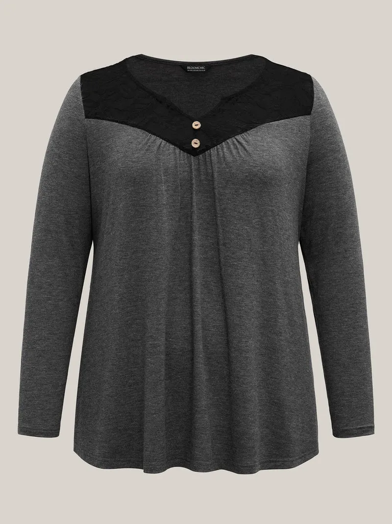 Lace Neck Buttons Pleated T-Shirt