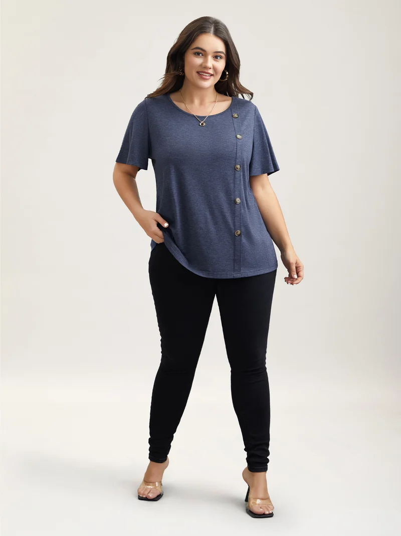 Side Buttons Round Neck Fitted T-Shirt