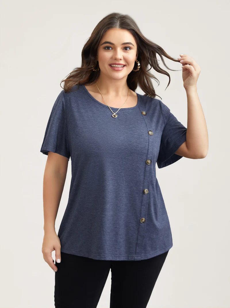 Side Buttons Round Neck Fitted T-Shirt
