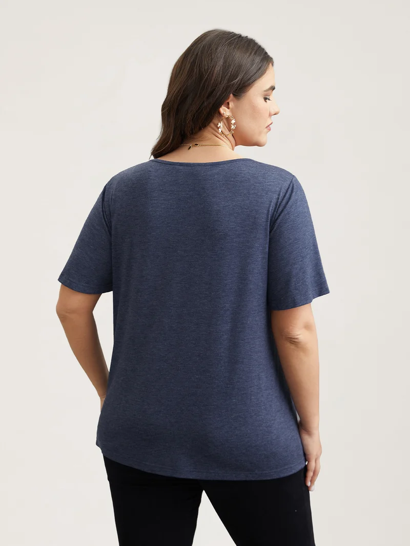 Side Buttons Round Neck Fitted T-Shirt