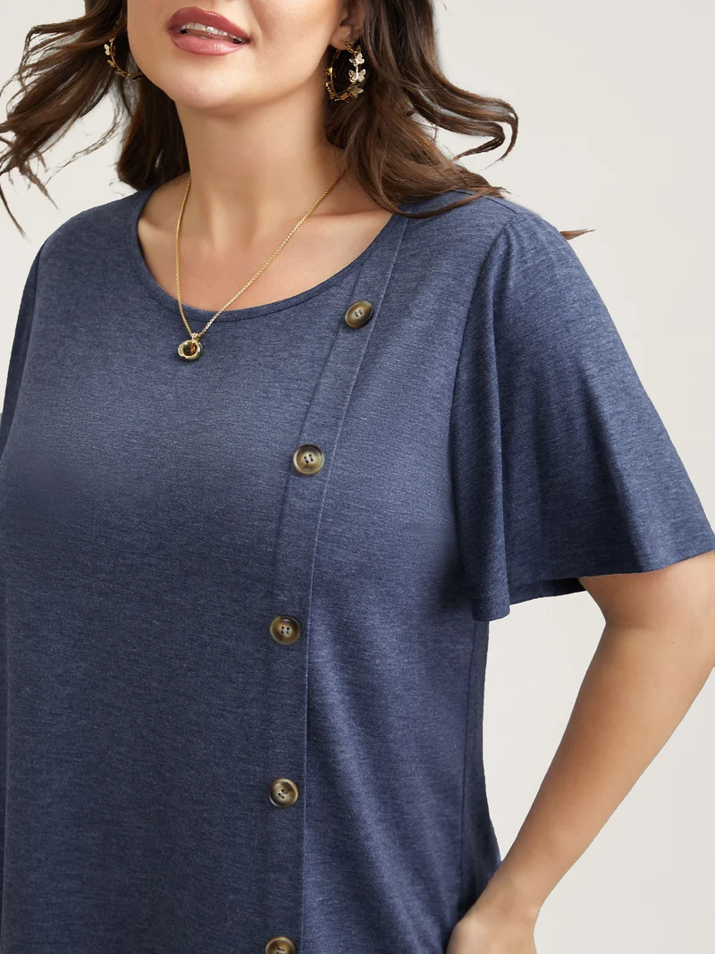 Side Buttons Round Neck Fitted T-Shirt