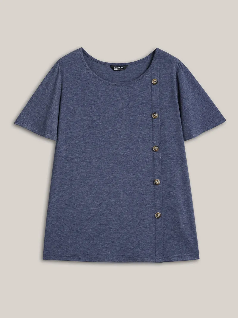 Side Buttons Round Neck Fitted T-Shirt