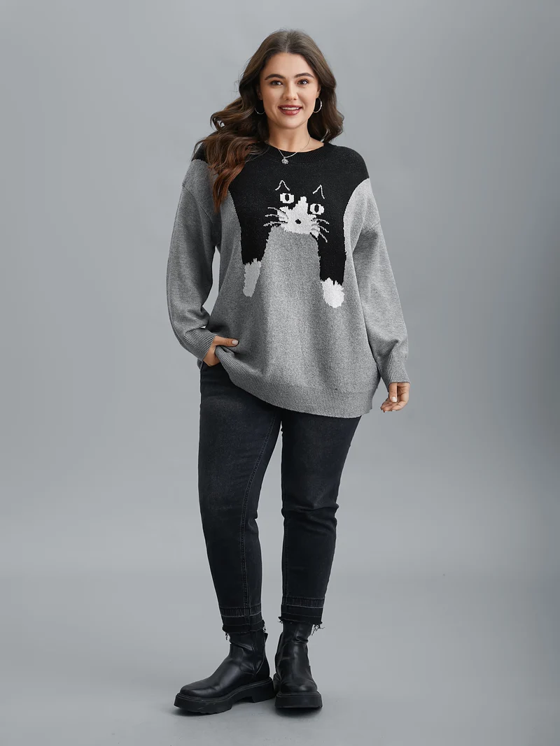 Cat Print Color Block Round Neck Pullover