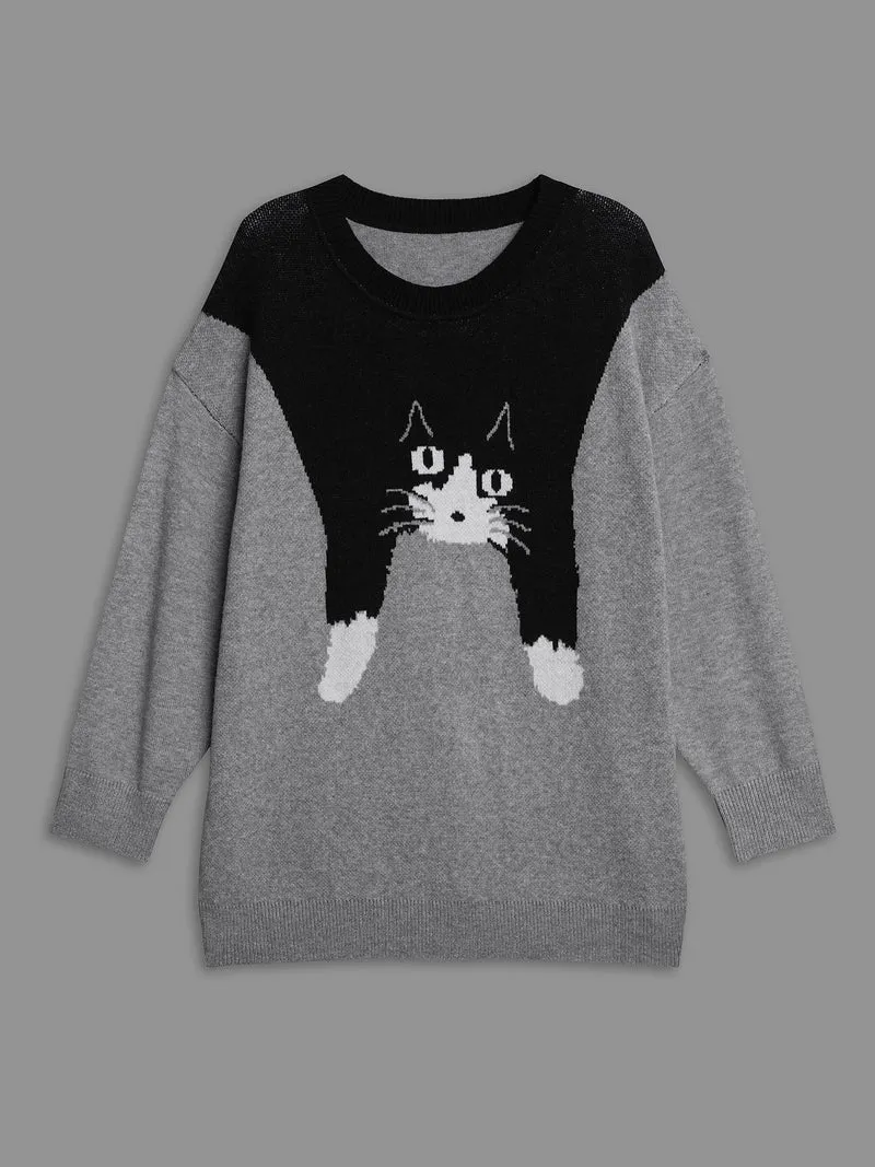Cat Print Color Block Round Neck Pullover