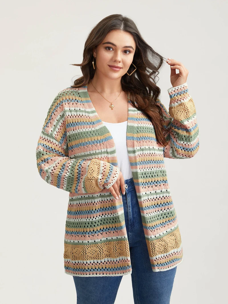 Striped Color Contrast Cut-Out Cardigan