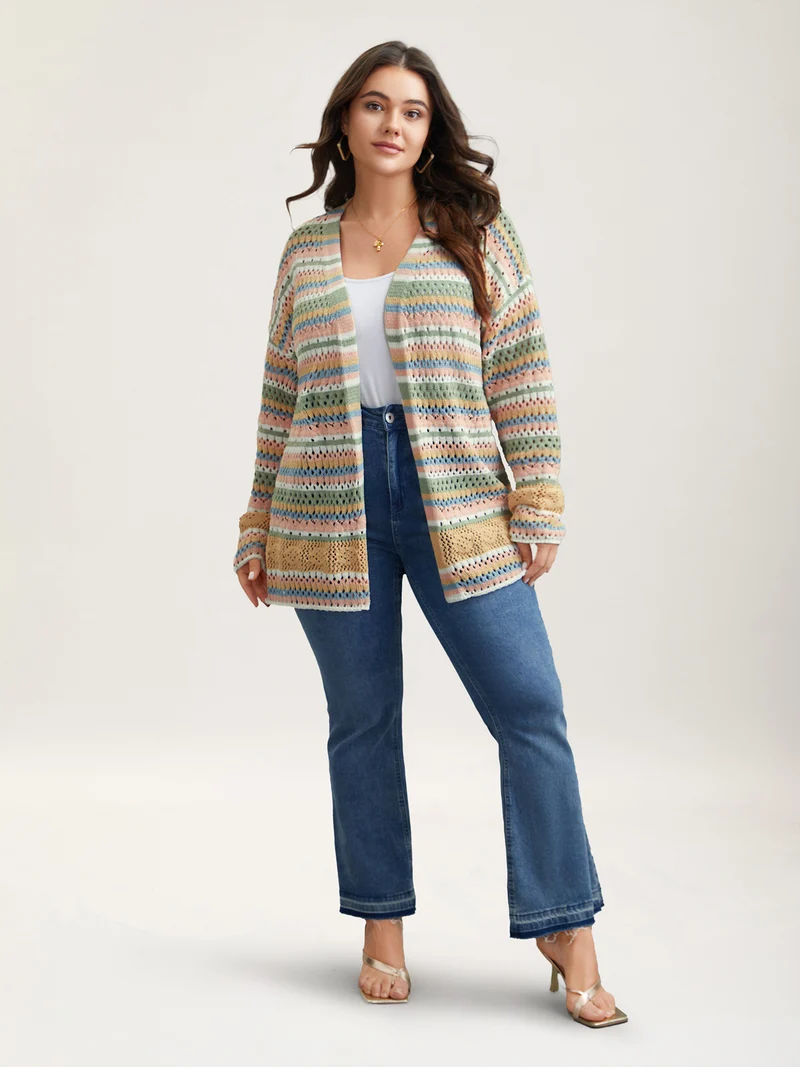 Striped Color Contrast Cut-Out Cardigan