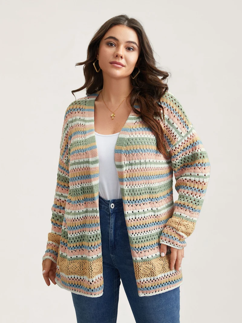 Striped Color Contrast Cut-Out Cardigan