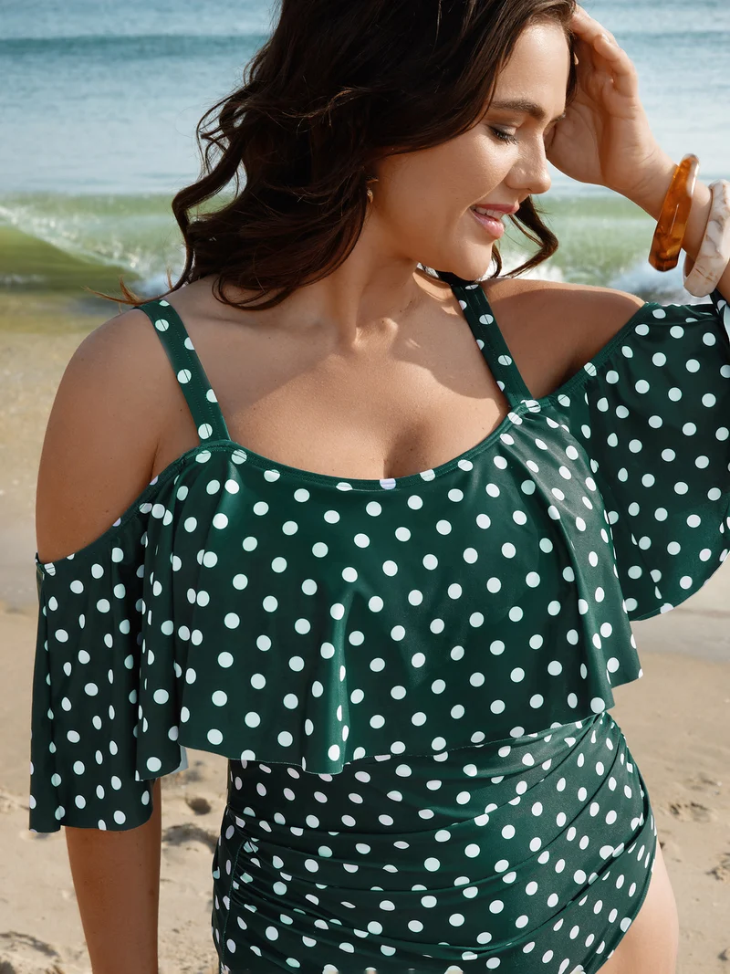 Cold-Shoulder Polka Dot Ruffle One-Piece Swimsuit