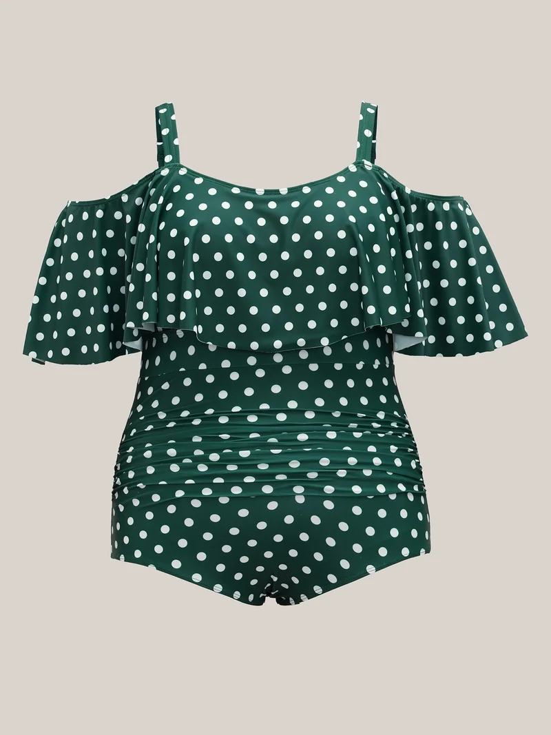 Cold-Shoulder Polka Dot Ruffle One-Piece Swimsuit